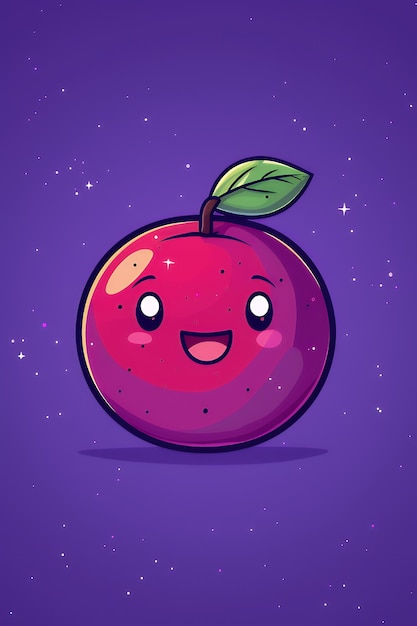 Cute Cartoon Apple with Happy Face on Purple Background