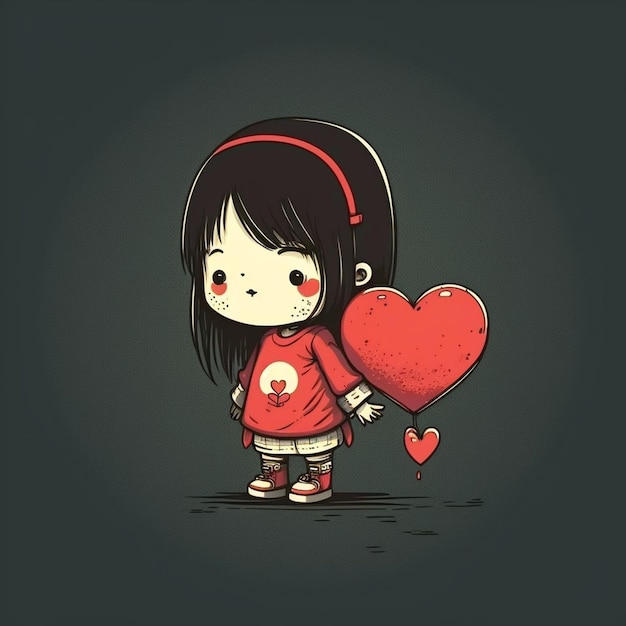 Cute Cartoon Asian Girl Holding a Red Heart