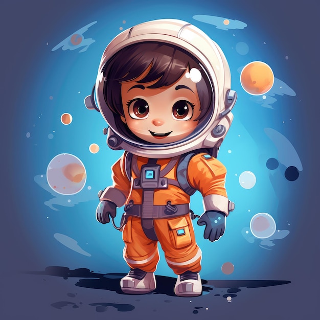 Cute cartoon astronaut girl on the space background Vector illustration