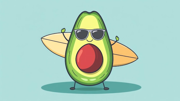 Photo a cute cartoon avocado wearing sunglasses and holding a surfboard