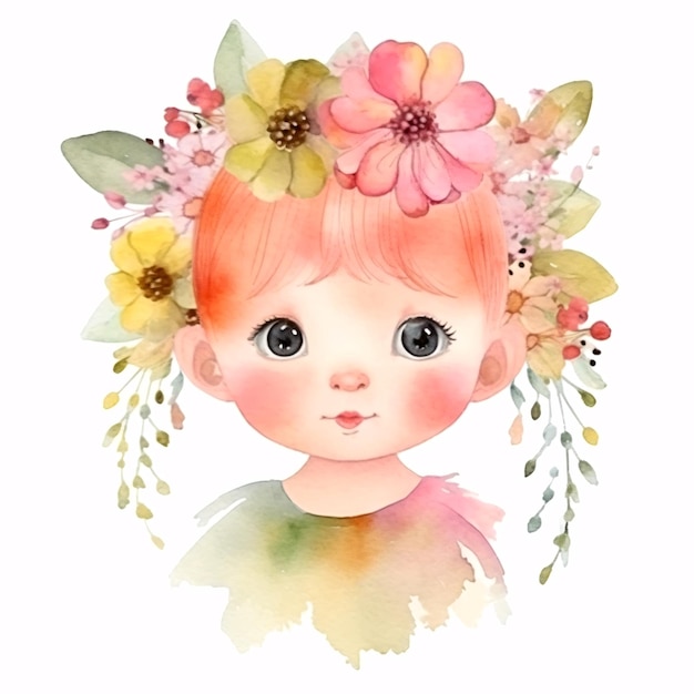 Cute cartoon baby boy portrait in blossom flowers and leaves watercolor pastel paint art illustration Generative Ai