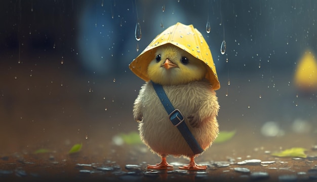 Cute Cartoon Baby Chicken Holding an Umbrella in the Rain Generative AI