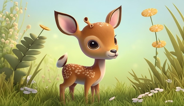 Cute Cartoon Baby Deer in a Spring Meadow Generative AI