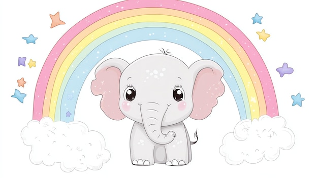 Photo a cute cartoon baby elephant standing in front of a rainbow with stars