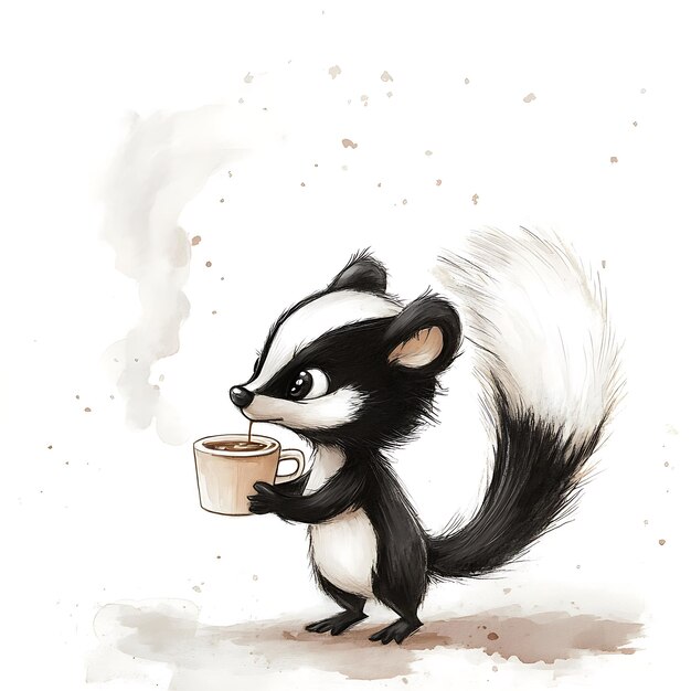 Cute cartoon badger drinking coffee