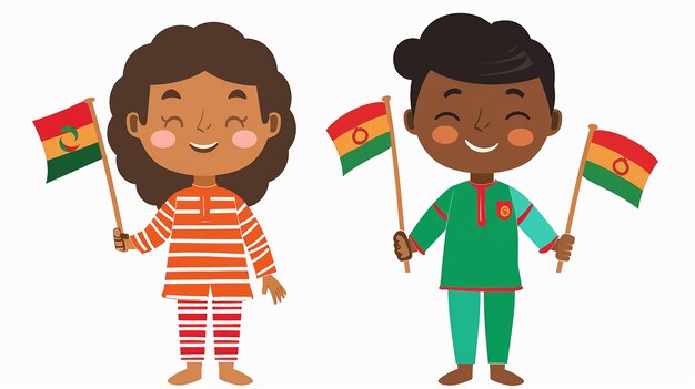 Photo a cute cartoon bangladeshi girl and boy holding flag for celebrating independence day