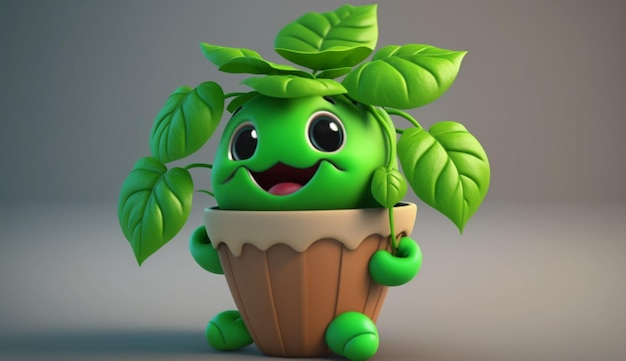 Cute Cartoon Basil Plant Character Generative AI