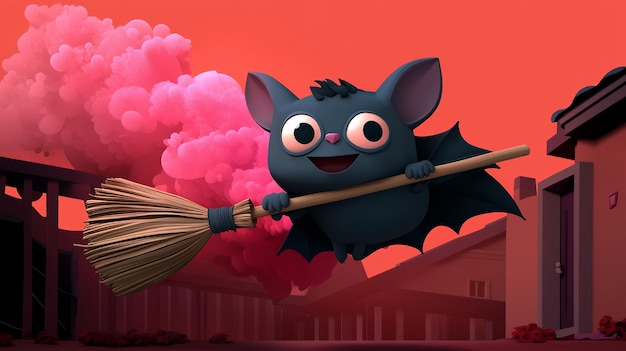 Photo cute cartoon bat flying on a broom stick