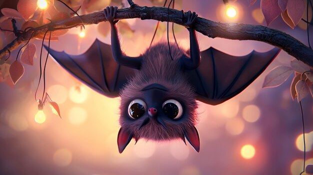 Photo cute cartoon bat hanging upside down from a tree branch with a warm orange and purple background