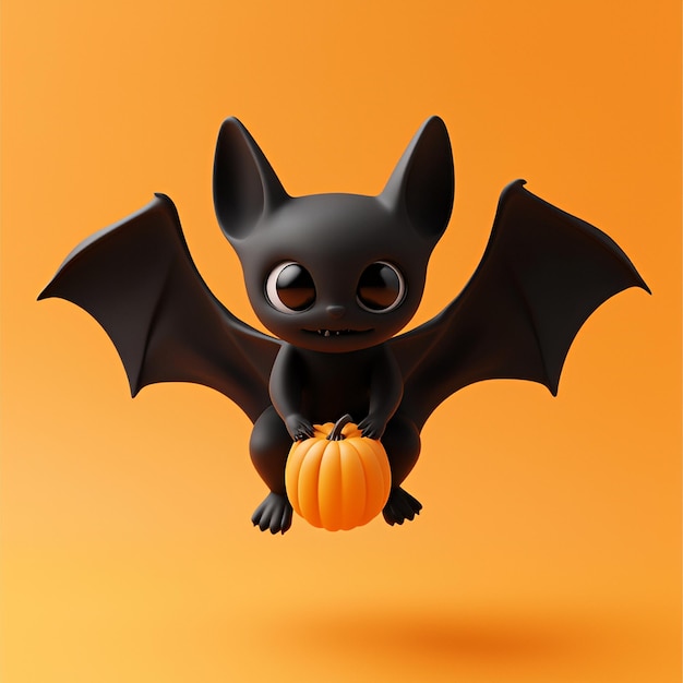 Cute Cartoon Bat Holding a Pumpkin for Halloween