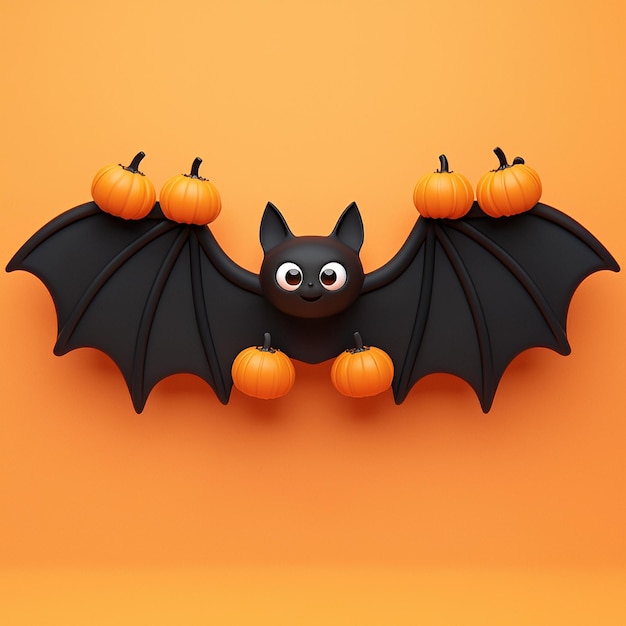 Cute Cartoon Bat Holding Pumpkins on Orange Background