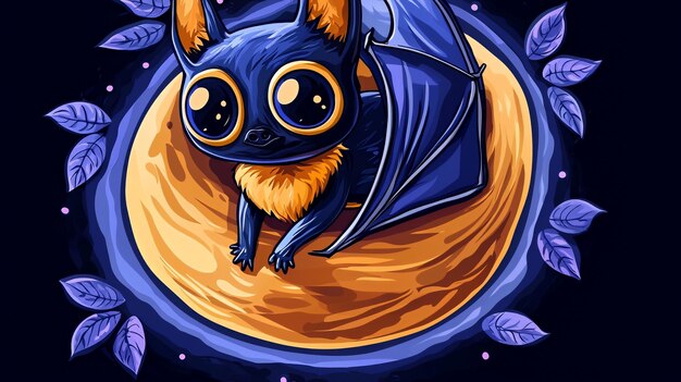 Photo cute cartoon bat on the moon with purple leaves