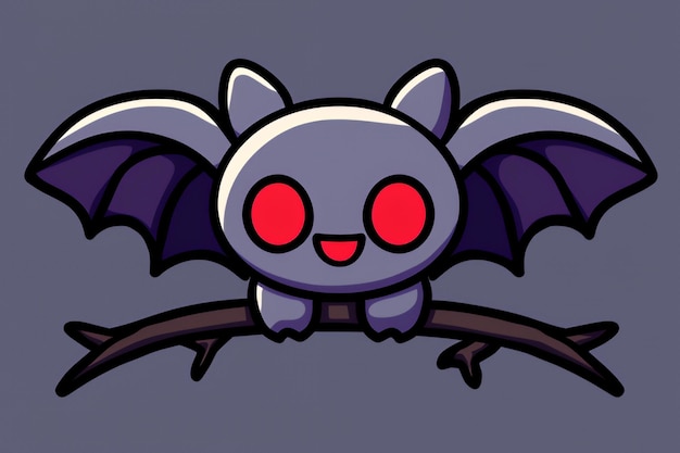 Photo cute cartoon bat with red eyes on branch