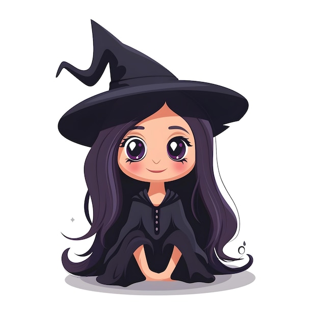 Cute Cartoon Beautiful Witch in Black Costume on White Background