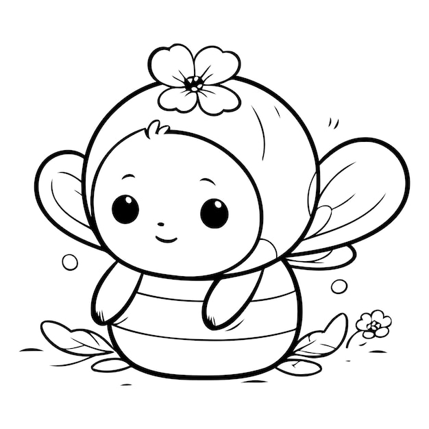 Cute cartoon bee with flower in its hair Vector illustration