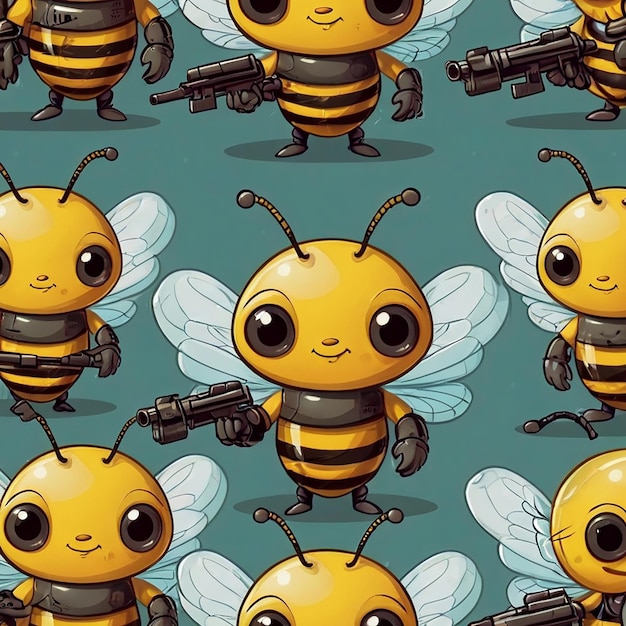 Cute Cartoon Bee with Helmet and Rifle