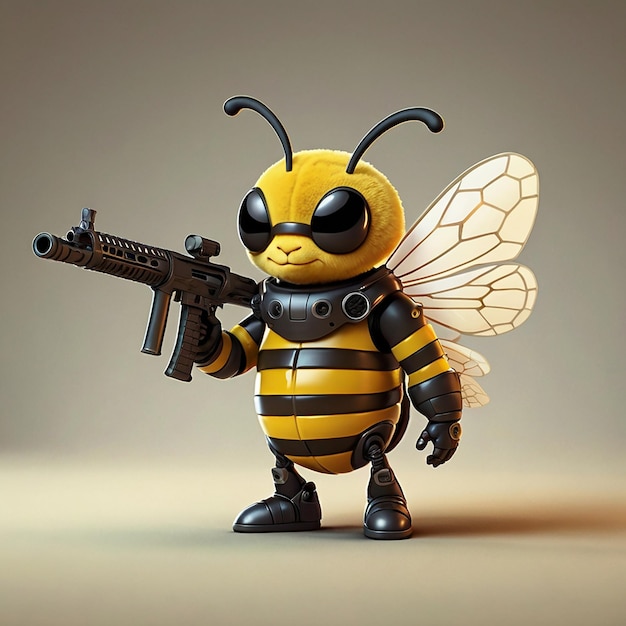 Cute Cartoon Bee with Helmet and Rifle