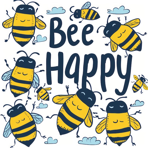 Photo cute cartoon bees surround the text bee happy on a white background