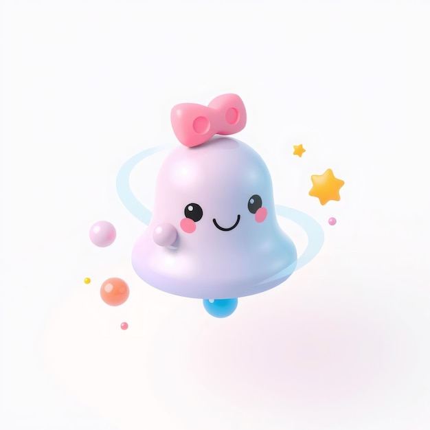 Cute cartoon bell with bow eyes and smile floating in space