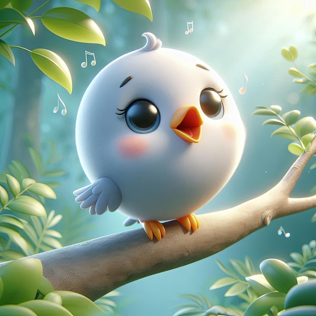 Cute cartoon bird singing on a branch cartoon 3D