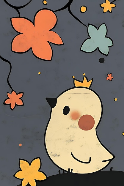 Photo cute cartoon bird with crown and flowers