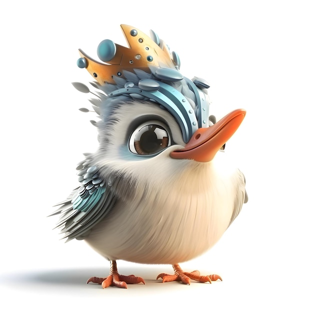 Cute cartoon bird with crown on white background 3D illustration