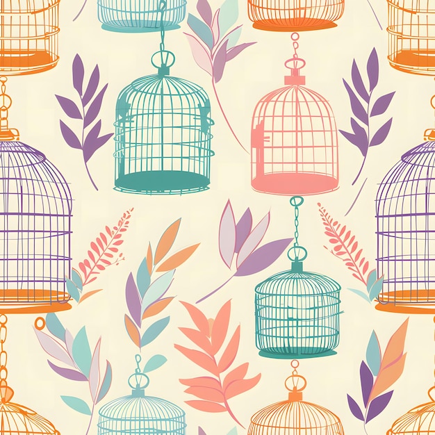 Photo cute cartoon birdcage pattern light grey background