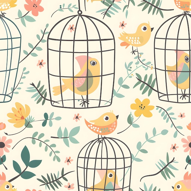 Photo cute cartoon birds in birdcages with flowers and leaves patterned background in pastel colors seamless pattern