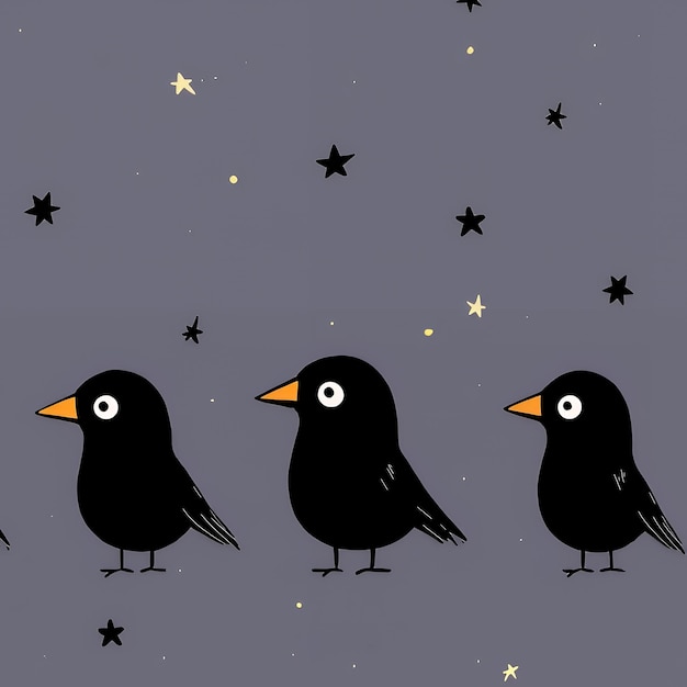 Cute Cartoon Birds with Stars on Purple Background