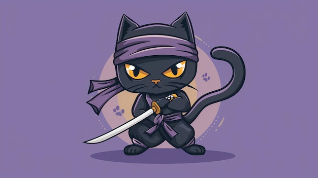 A cute cartoon black cat dressed as a ninja with a katana