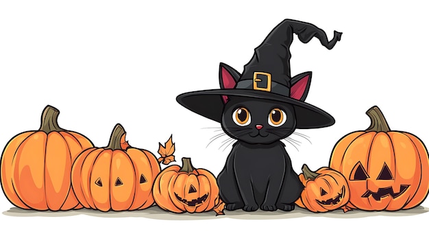 Cute cartoon black cat sitting next to a witch hat and pumpkins