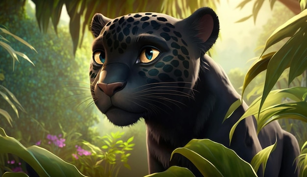 Cute Cartoon Black Panther in the Jungle Generative AI