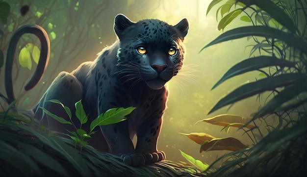 Cute Cartoon Black Panther in the Jungle Generative AI