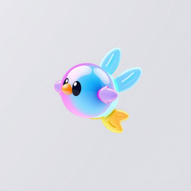 Cute cartoon blue fish with yellow fins and pink accents on a white background