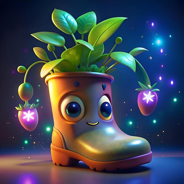 Cute cartoon boot with a plant growing out of it wearing a happy expression and holding a glowing strawberry