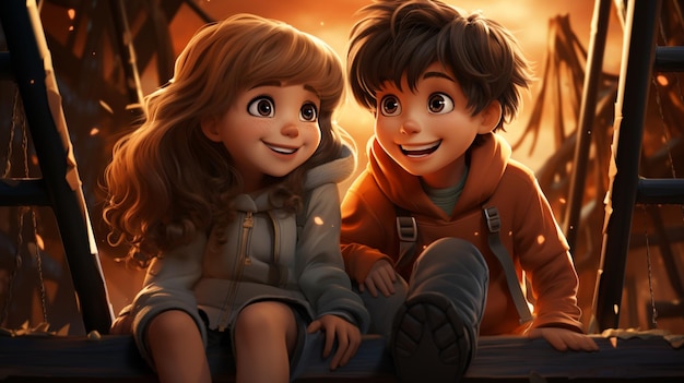 A cute cartoon boy and a girl at the playground