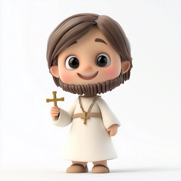 Cute Cartoon Boy Holding a Cross Jesus 3D character