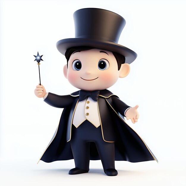 Photo cute cartoon boy magician in black top hat and suit holding a magic wand