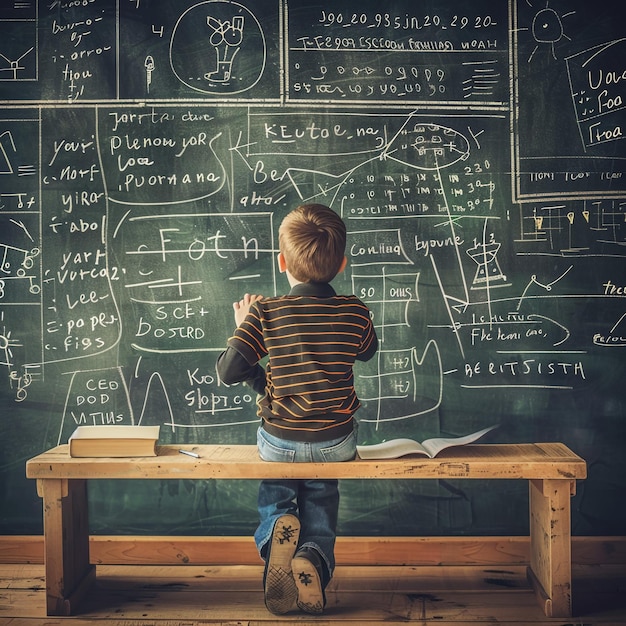 Cute Cartoon Boy Sitting at Desk with Different School Supplies Little Student in Classroom Studying Vector Illustration of a Pupil at the Table with Books Copybook and Pencils