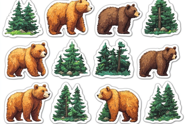 Cute Cartoon Brown Bears in the Forest