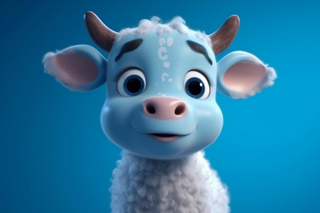 Cute cartoon bull with horns on a blue background 3d rendering