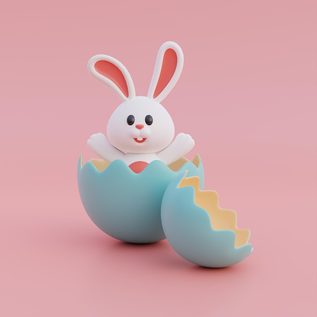 Cute cartoon bunny and easter eggs isolated on pink background Happy Easter day International Spring Celebration 3d rendering