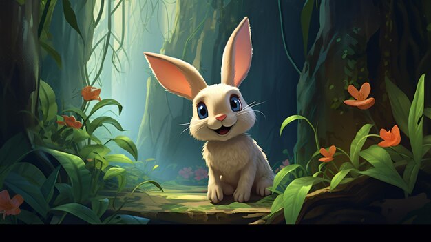 Cute cartoon bunny in jungle