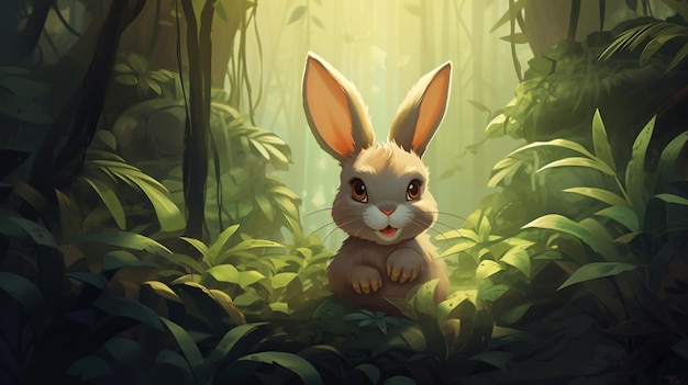 Cute cartoon bunny in jungle