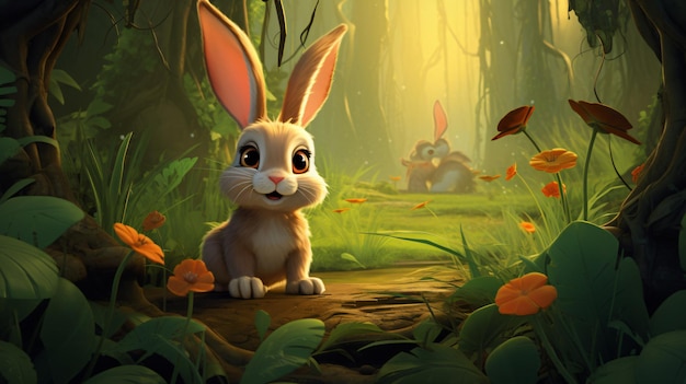 Cute cartoon bunny in jungle