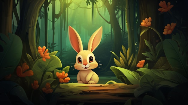 Cute cartoon bunny in jungle