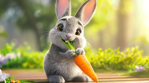 A cute cartoon bunny rabbit eats a carrot