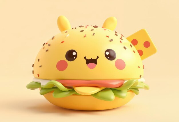 Photo cute cartoon burger with smiling face and cheese slice