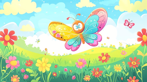 Cute cartoon butterfly flying over a field of flowers in a sunny meadow