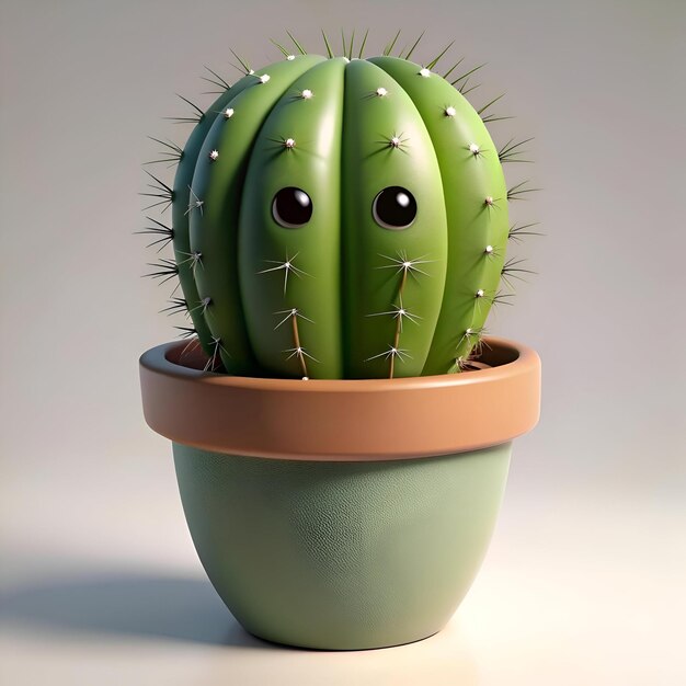 Cute cartoon cactus with big eyes in a green pot